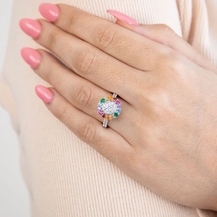 Sterling Silver Rainbow Multicolour Cubic Zirconia Halo & Channel Ring - Image 3