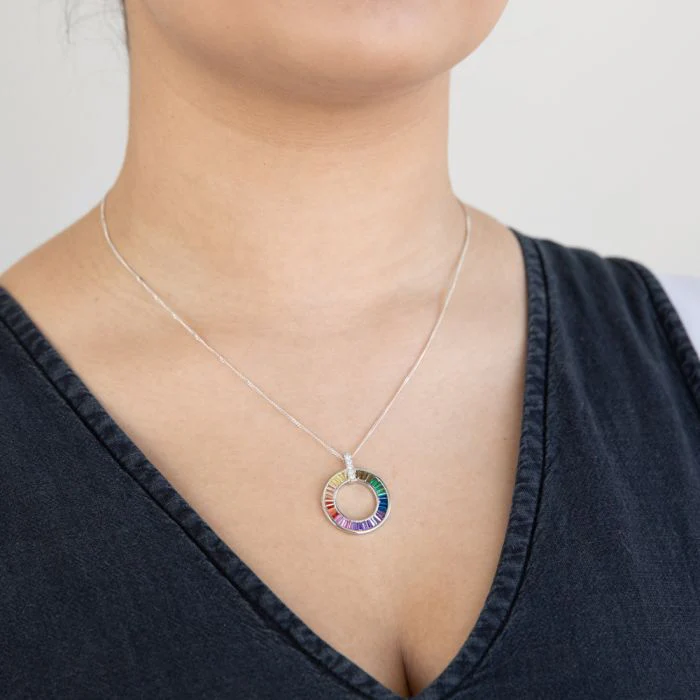Sterling Silver Rainbow Multicolour Cubic Zirconia On Open Circle Pendant - Image 2