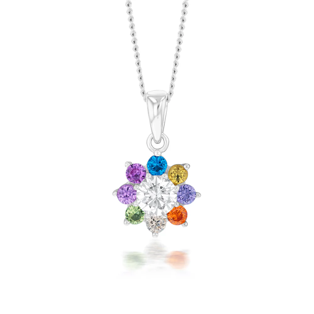 Sterling Silver Rainbow Multicoloured Crystal Flower Pendant