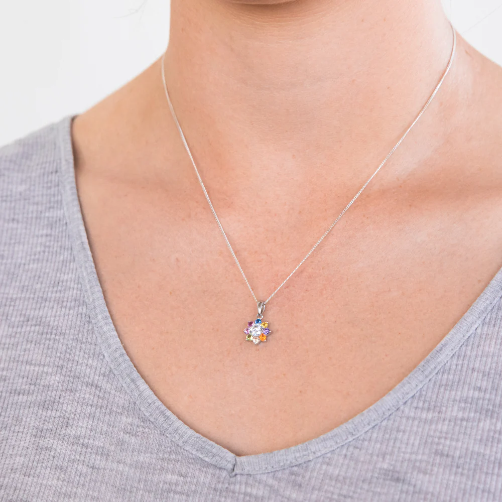 Sterling Silver Rainbow Multicoloured Crystal Flower Pendant - Image 2
