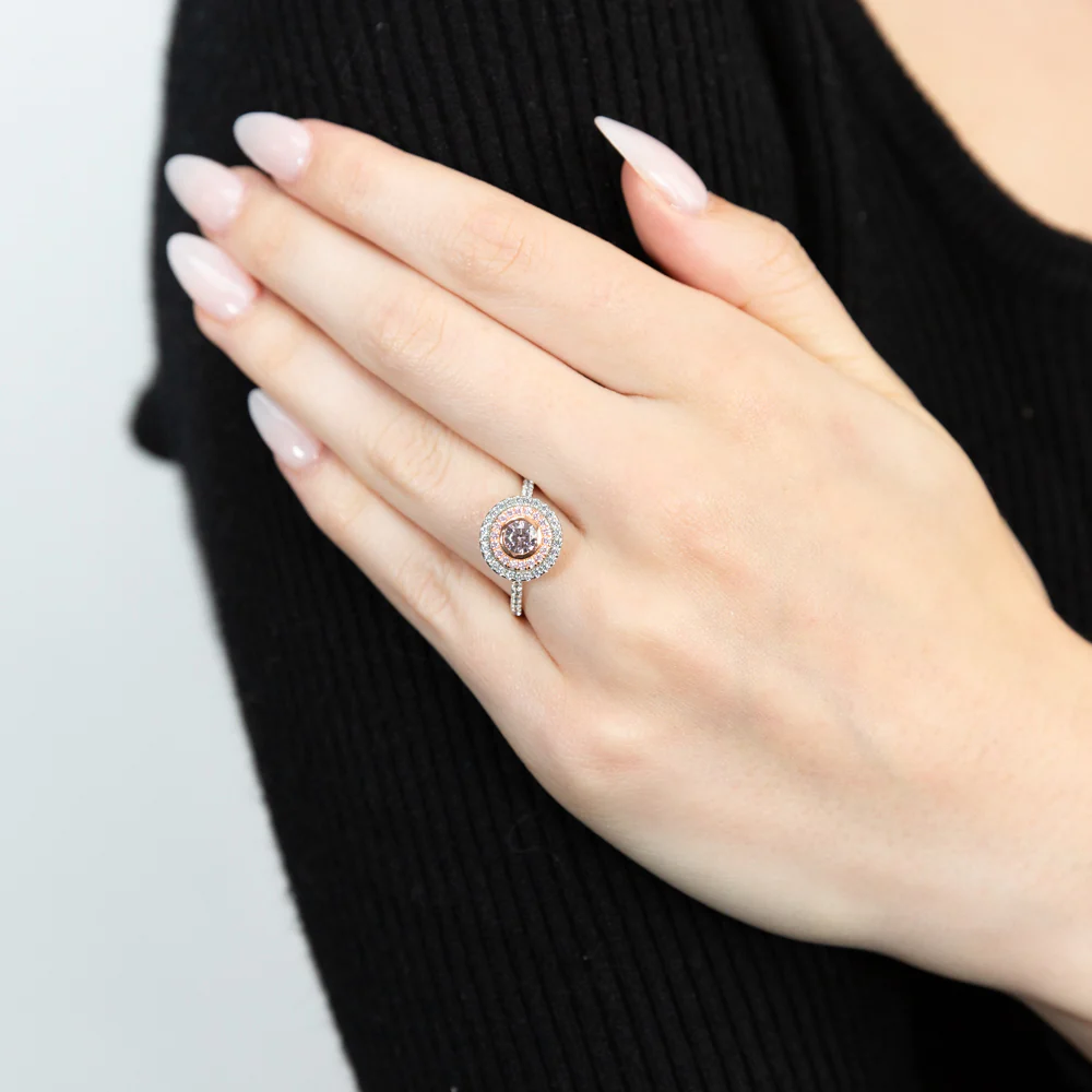 Sterling Silver Rhodium And Rose Gold Plated White And Pink CZ Round Ring - Image 3