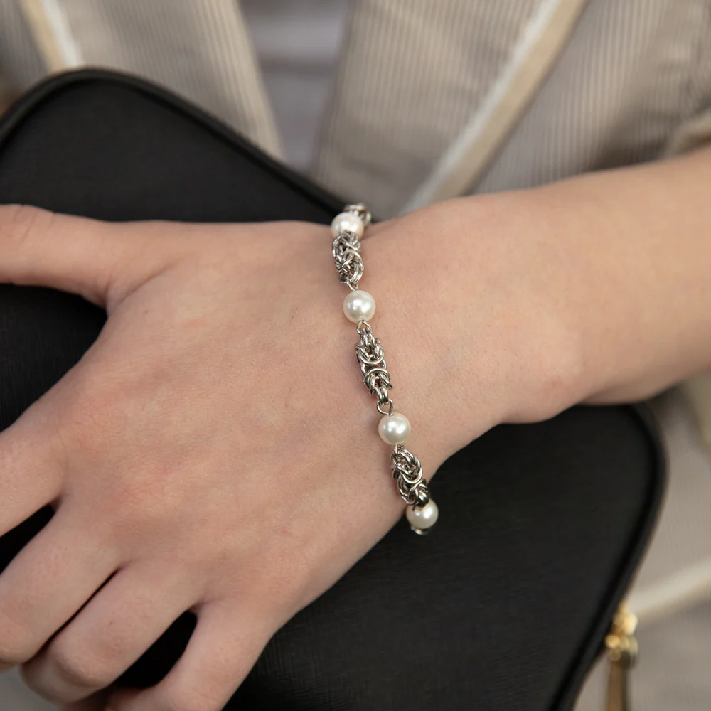 Sterling Silver Rhodium Finish Pearl And Silver Mesh 19cm Bracelet - Image 3