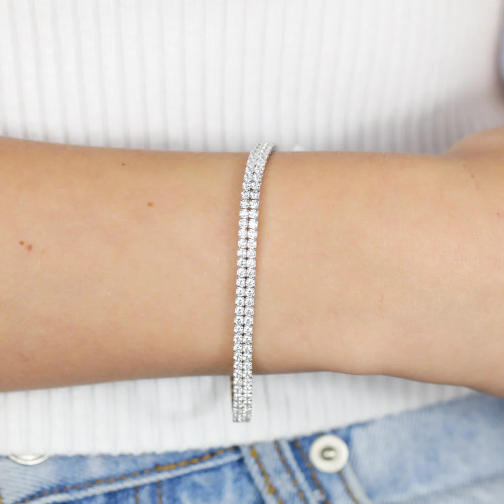 Sterling Silver Rhodium Plated 2mm Cubic Zirconia Two Row 16+3cm Tennis Bracelet - Image 4