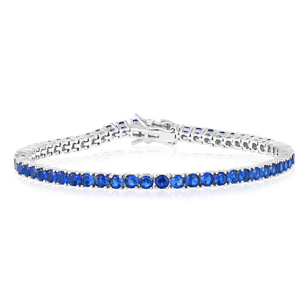 Sterling Silver Rhodium Plated 3mm Sapphire Blue Cubic Zirconia 19cm Bracelet