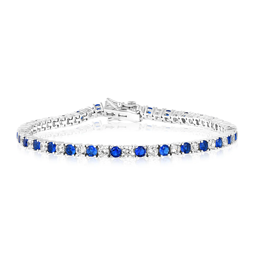 Sterling Silver Rhodium Plated 3mm White And Sapphire Blue Cubic Zirconia 19cm Bracelet