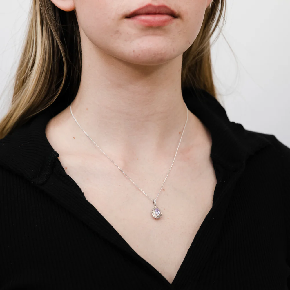 Sterling Silver Rhodium Plated Champagne/Lavender Cubic Zirconia Tear Drop Pendant - Image 2