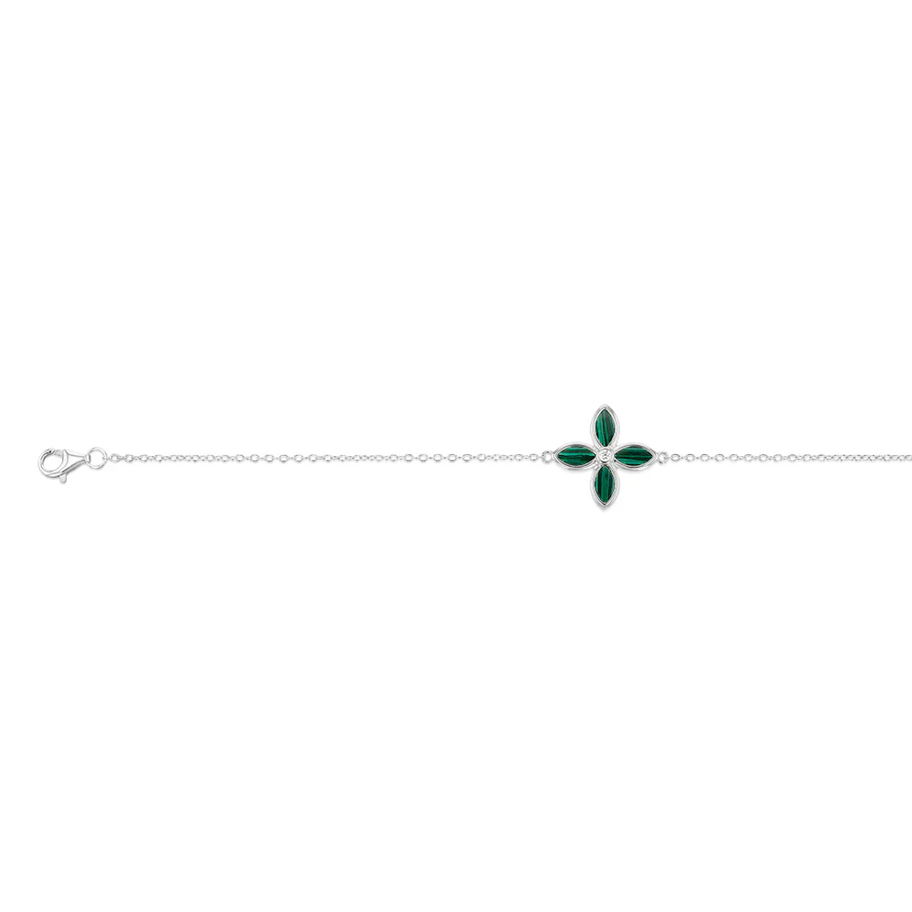 Sterling Silver Rhodium Plated Created Malachite Four Petal 16+4cm Bracelet - Image 2