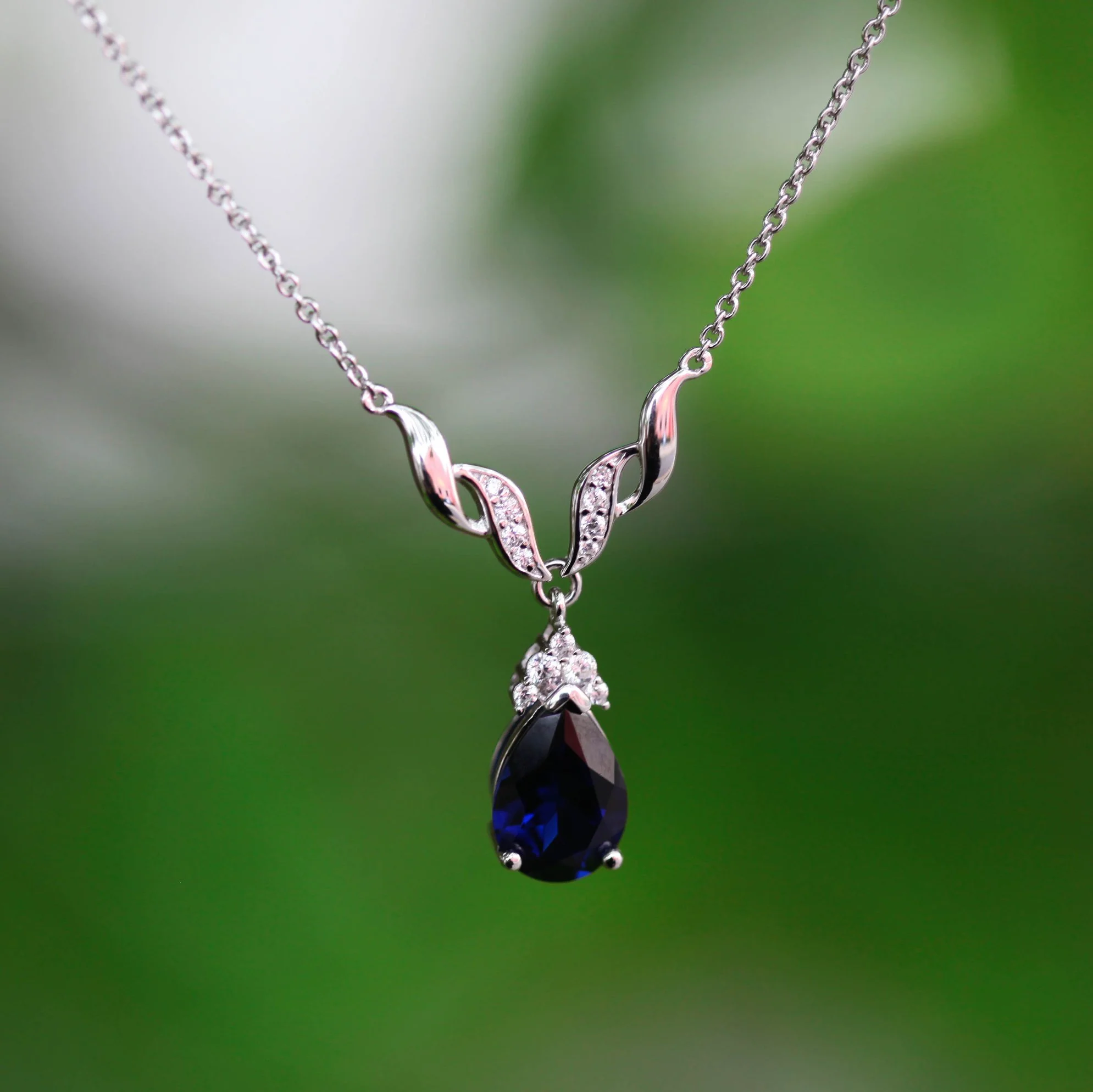 Sterling Silver Rhodium Plated Created Sapphire & Zirconia Necklet 42+3cm - Image 2