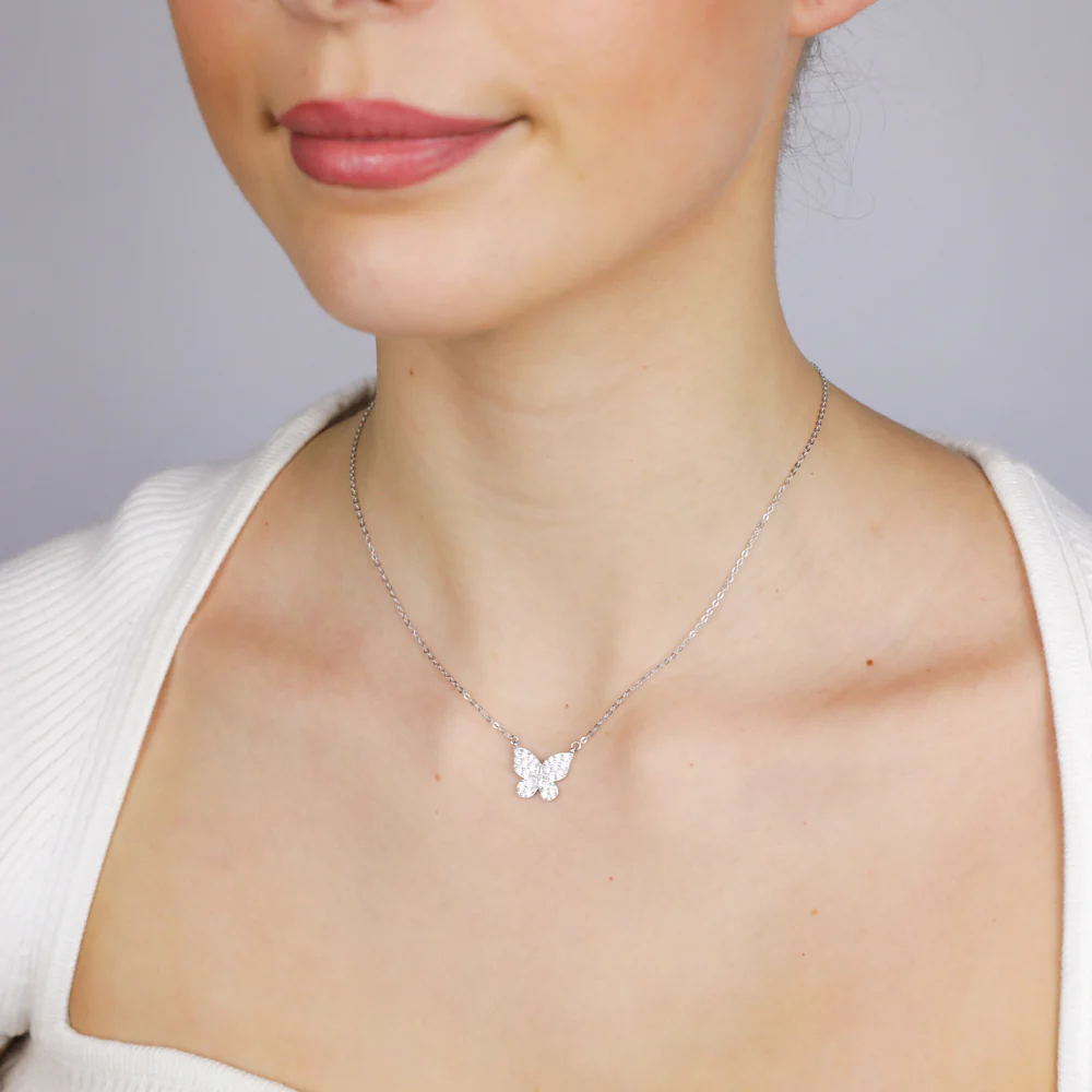 Sterling Silver Rhodium Plated Cubic Zirconia Butterfly Pendant On Chain - Image 2