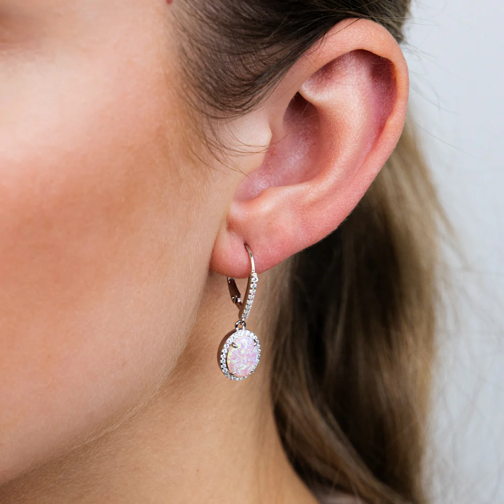 Sterling Silver Rhodium Plated Cubic Zirconia Created Pink Opal Oval Drop Earrings - Image 2