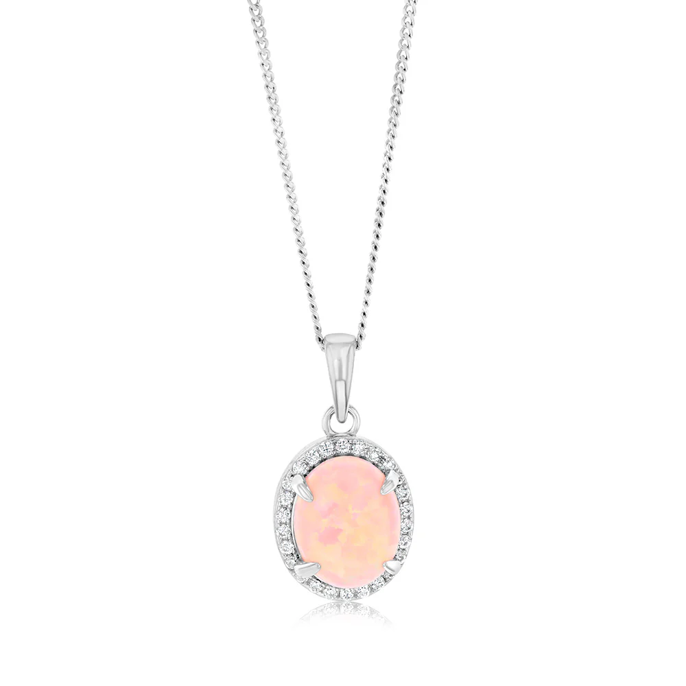 Sterling Silver Rhodium Plated Cubic Zirconia Created Pink Opal Oval Pendant