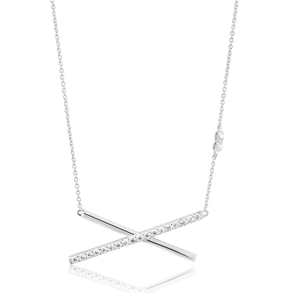Sterling Silver Rhodium Plated Cubic Zirconia Criss Cross Bar Pendant With 40 + 5cm Chain