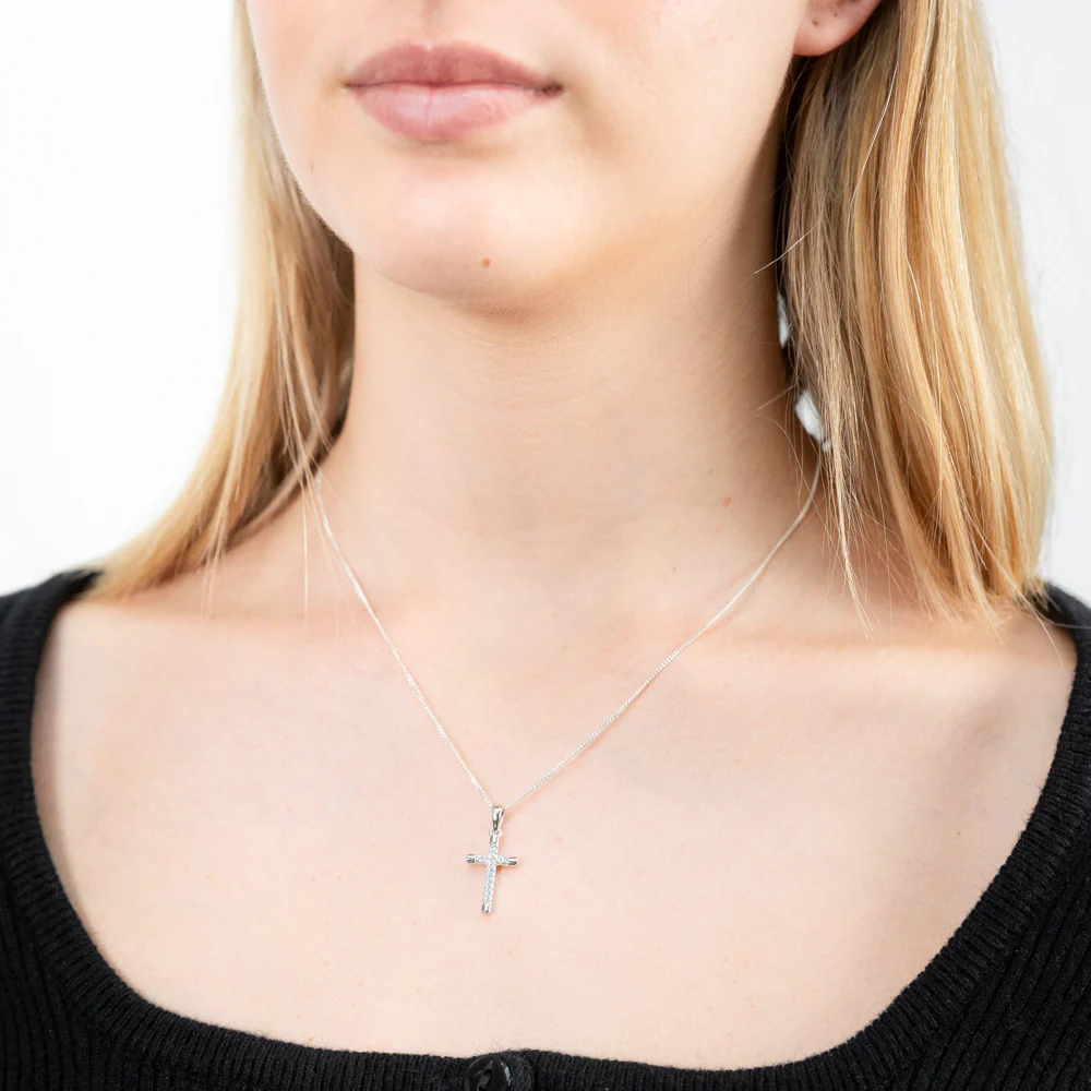 Sterling Silver Rhodium Plated Cubic Zirconia Cross Pendant - Image 2