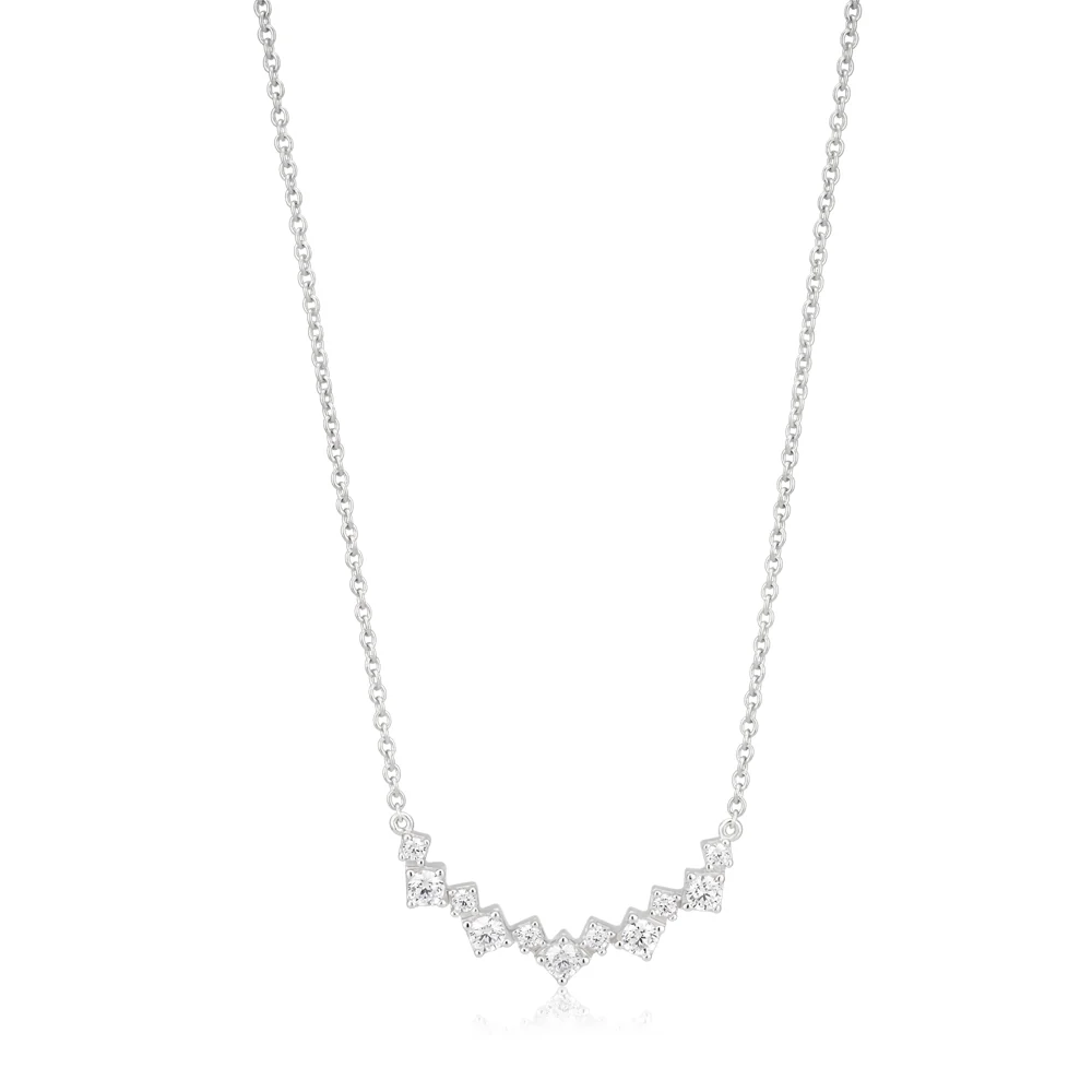 Sterling Silver Rhodium Plated Cubic Zirconia Fancy Curve Bar Necklace 40cm+5cm