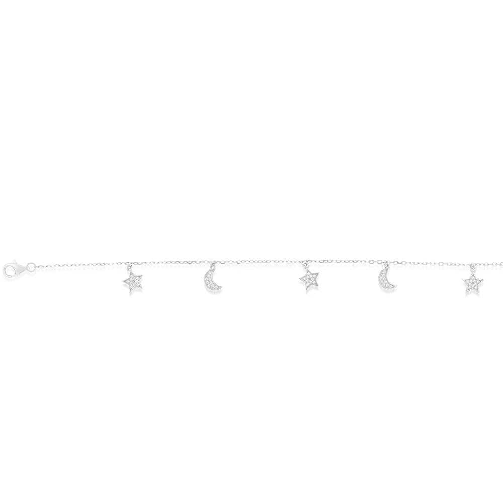 Sterling Silver Rhodium Plated Cubic Zirconia Moon And Star Charm 21.5cm Bracelets - Image 2