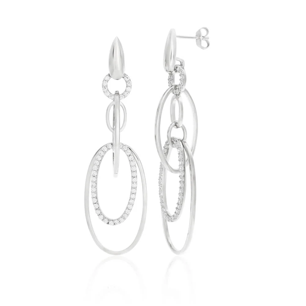 Sterling Silver Rhodium Plated Cubic Zirconia Multi Hoops Drop Earrings