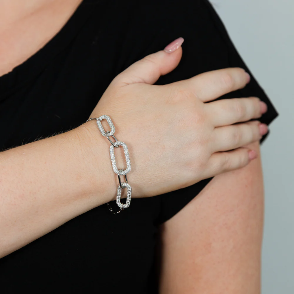 Sterling Silver Rhodium Plated Cubic Zirconia On Chunky Link 19+3cm Bracelet - Image 3