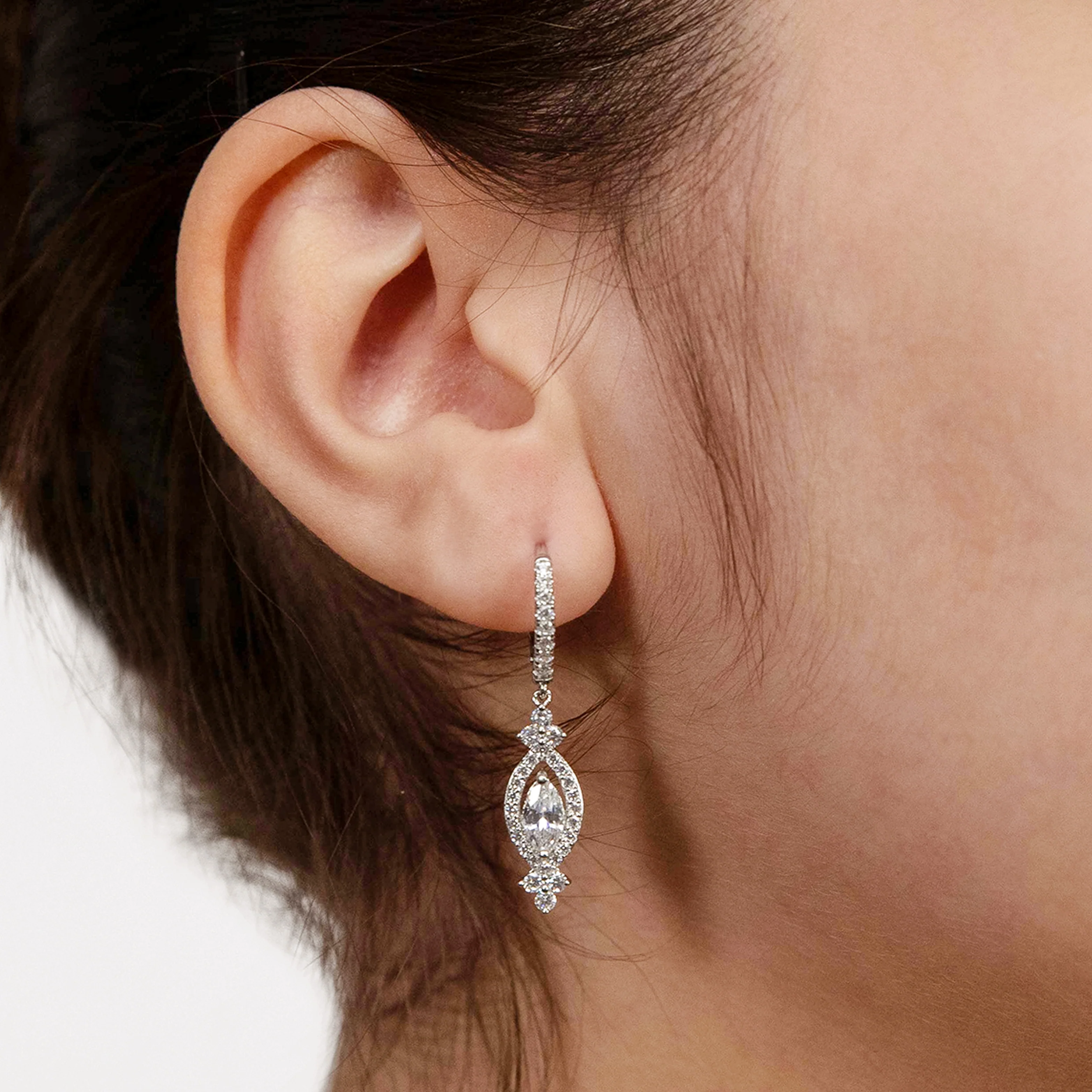 Sterling Silver Rhodium Plated Cubic Zirconia On Marquise Drop Earring - Image 2