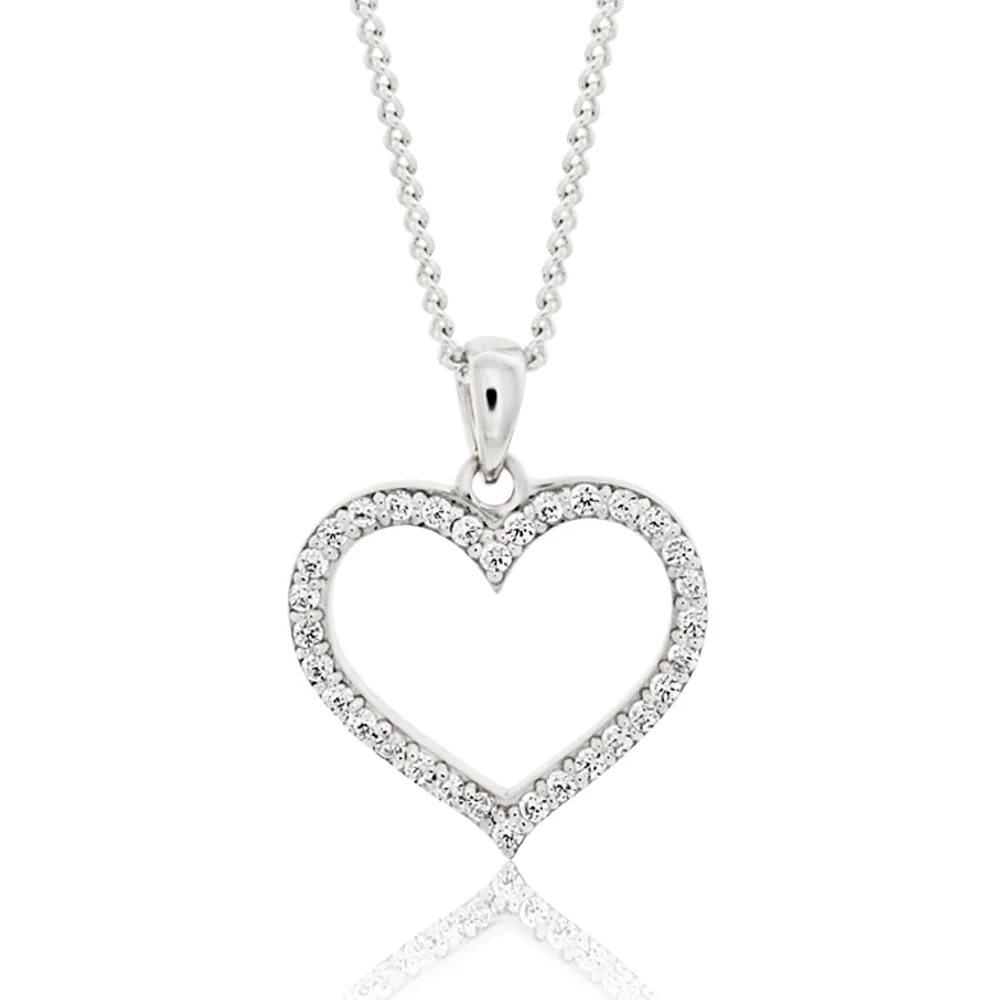 Sterling Silver Rhodium Plated Cubic Zirconia Open Heart Pendant