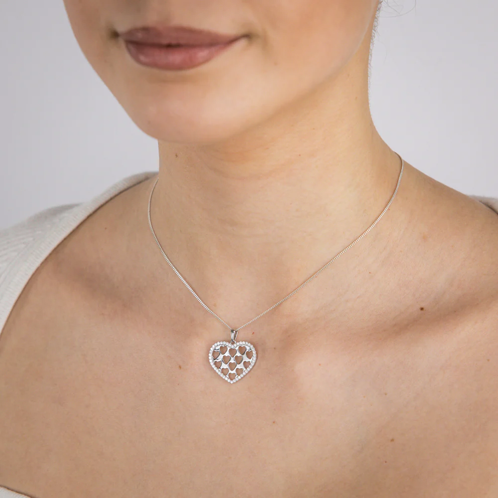 Sterling Silver Rhodium Plated Cubic Zirconia Patterned Heart Pendant - Image 2