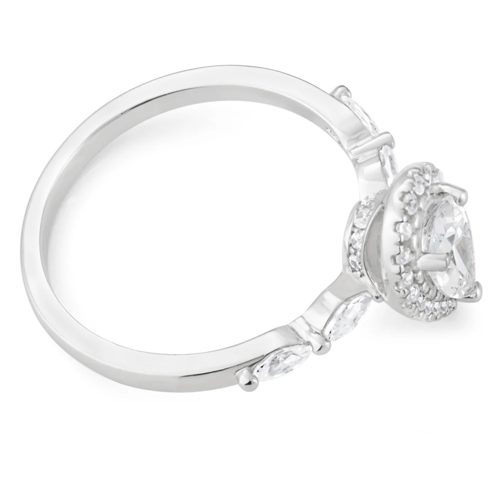 Sterling Silver Rhodium Plated Cubic Zirconia Pear Halo Ring with Marquise Band - Image 2