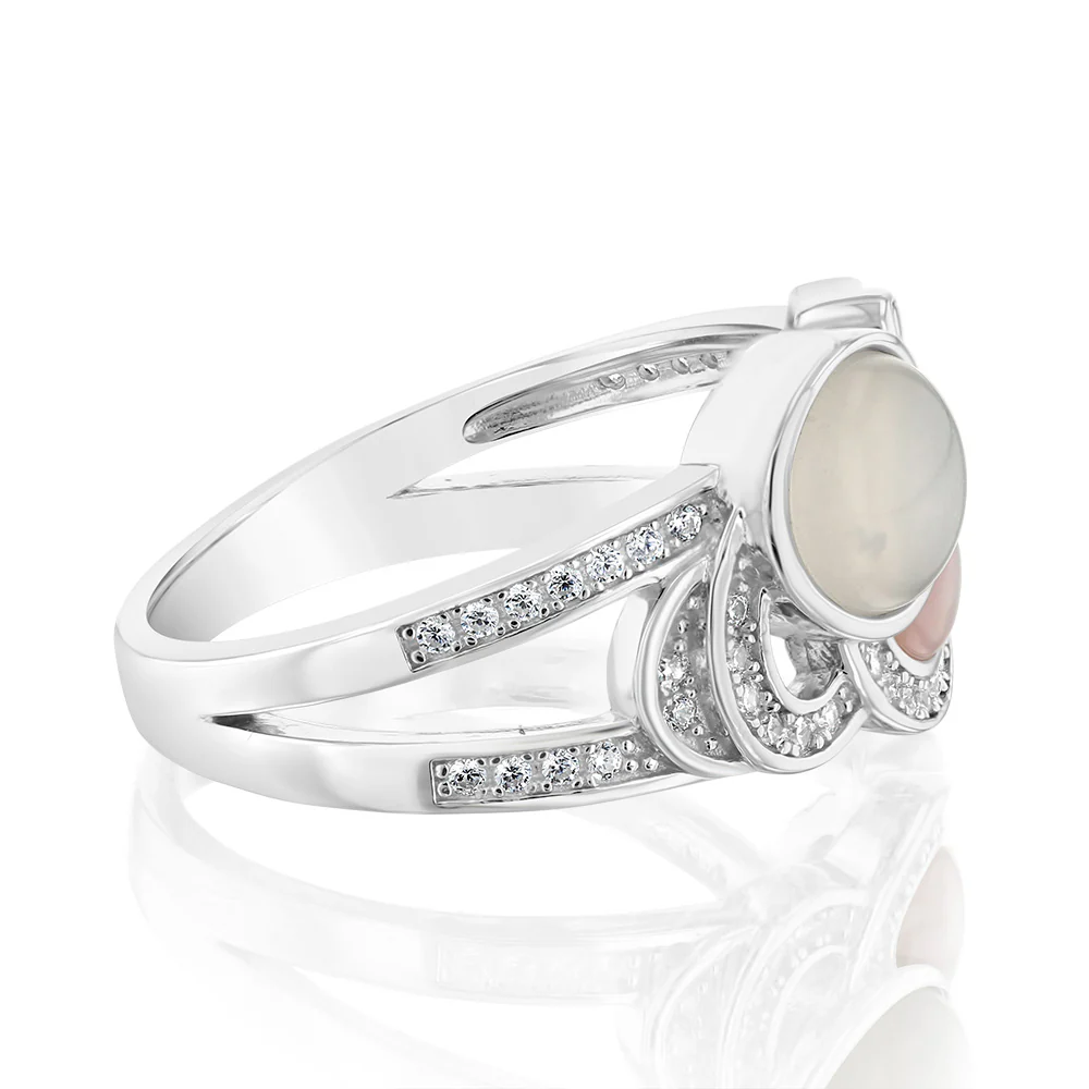 Sterling Silver Rhodium Plated Cubic Zirconia Pink Shell Pearl Moonstone Fancy Ring - Image 2
