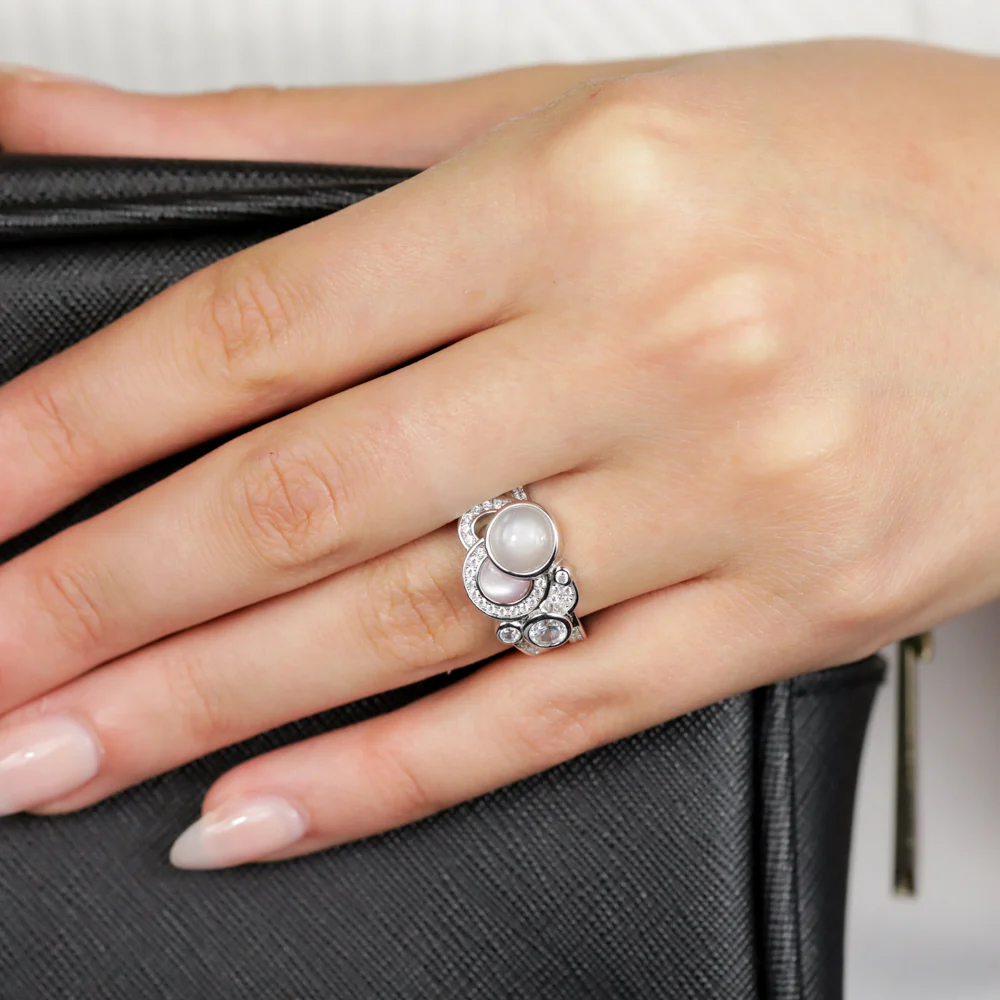 Sterling Silver Rhodium Plated Cubic Zirconia Pink Shell Pearl Moonstone Fancy Ring - Image 3