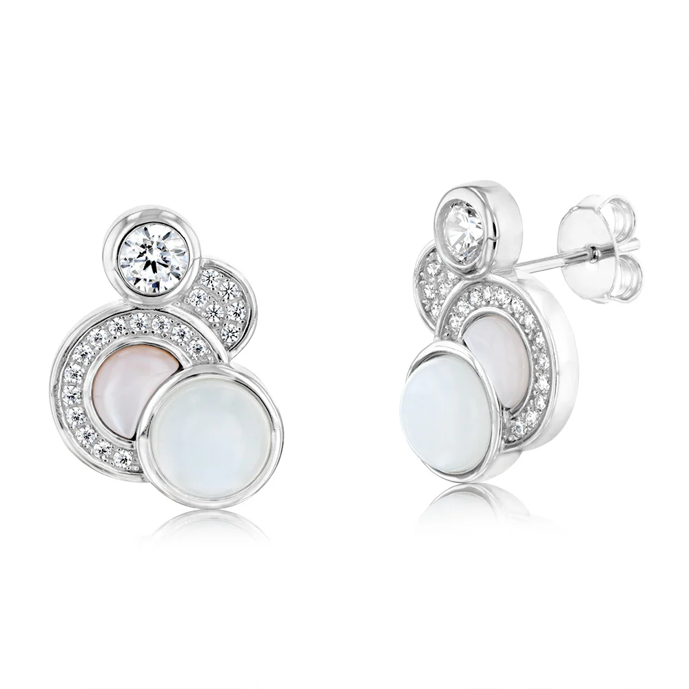 Sterling Silver Rhodium Plated Cubic Zirconia Pink Shell Pearl Moonstone Fancy Stud Earrings