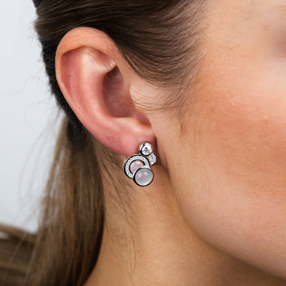 Sterling Silver Rhodium Plated Cubic Zirconia Pink Shell Pearl Moonstone Fancy Stud Earrings - Image 2