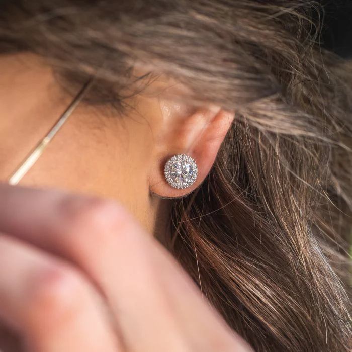 Sterling Silver Rhodium Plated Cubic Zirconia Round Halo Stud Earrings - Image 2