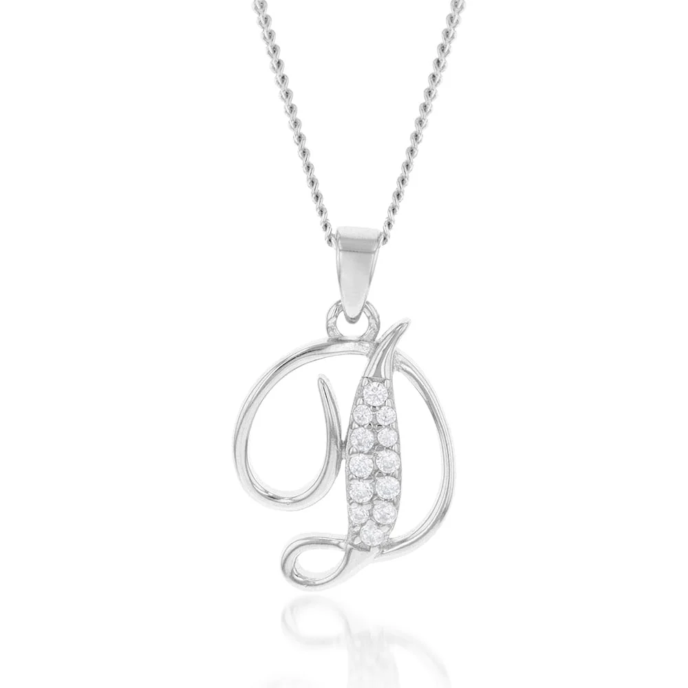 Sterling Silver Rhodium Plated Cubic Zirconia Script "D" Initial Pendant