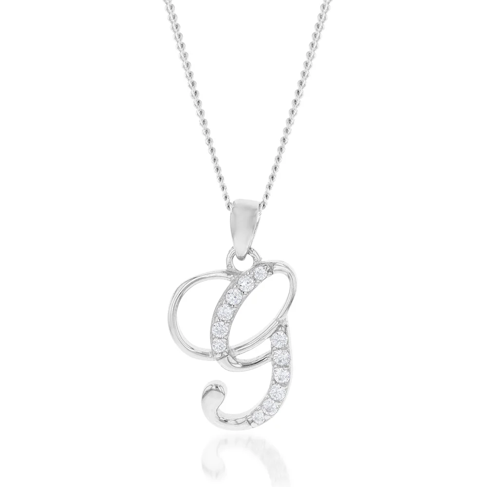 Sterling Silver Rhodium Plated Cubic Zirconia Script "G " Initial Pendant