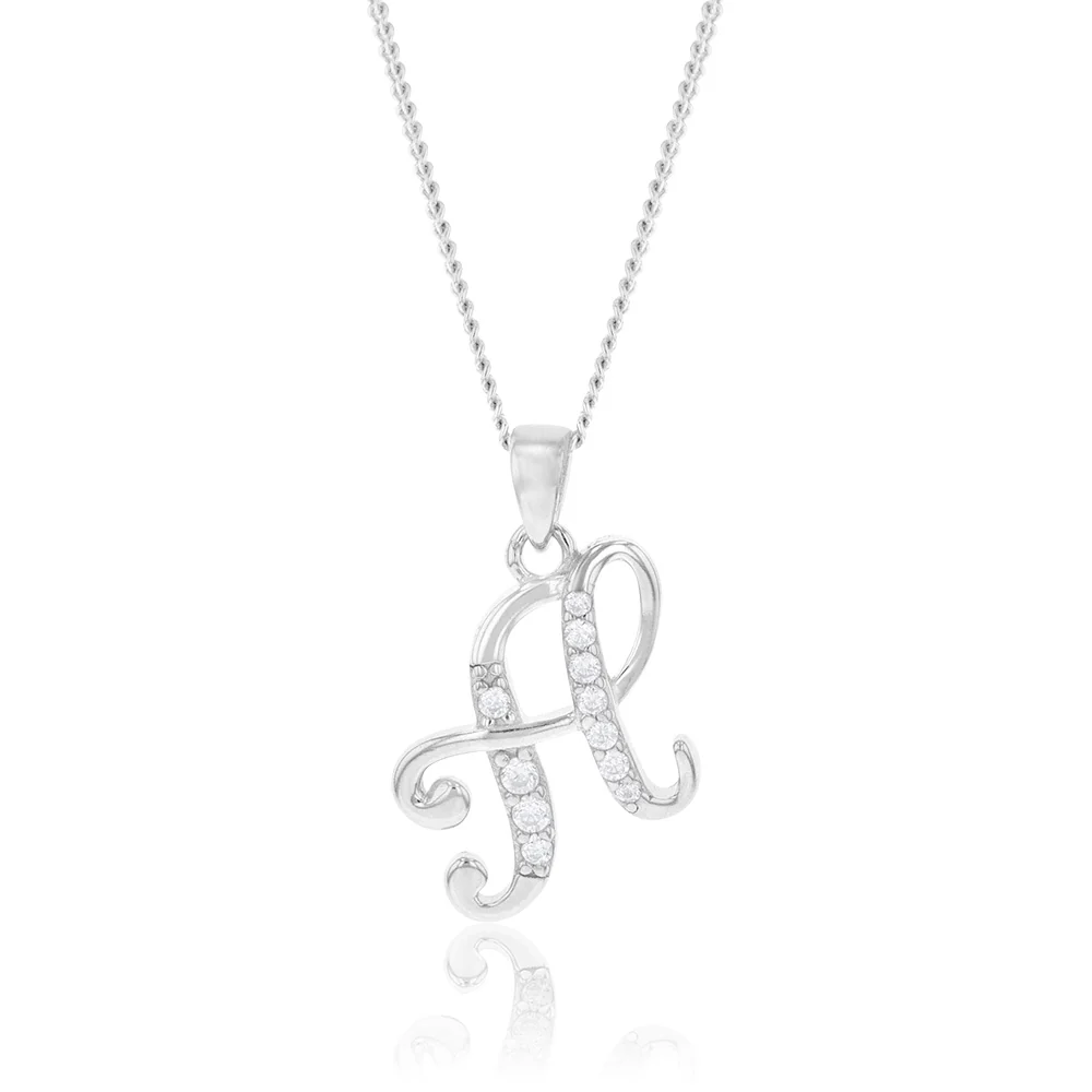 Sterling Silver Rhodium Plated Cubic Zirconia Script "H " Initial Pendant