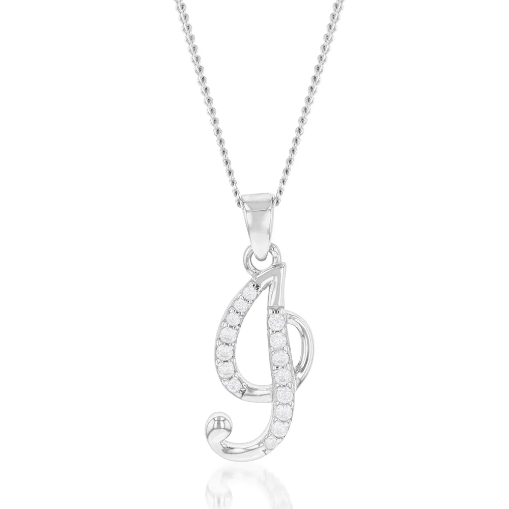 Sterling Silver Rhodium Plated Cubic Zirconia Script "I " Initial Pendant