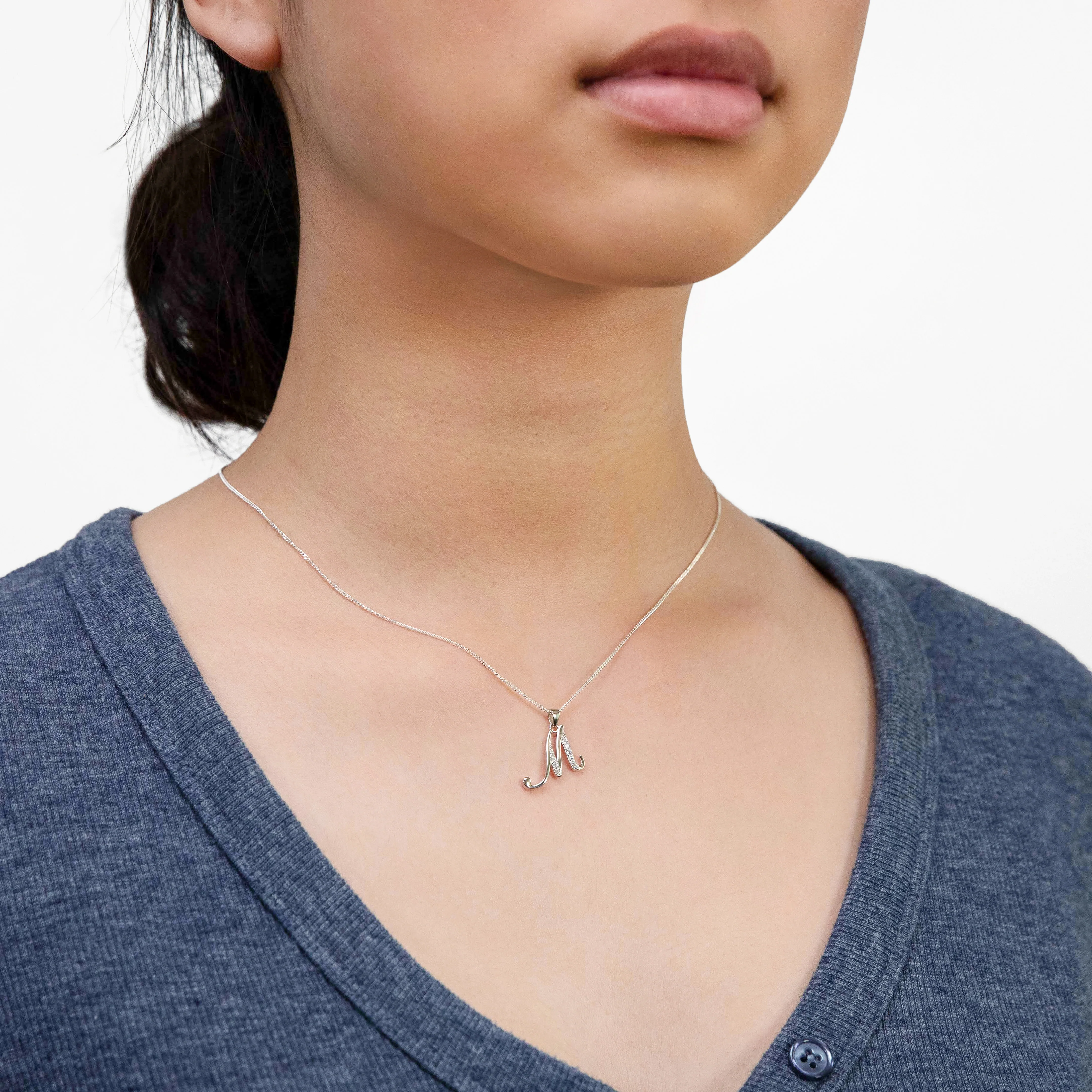 Sterling Silver Rhodium Plated Cubic Zirconia Script "M" Initial Pendant - Image 2