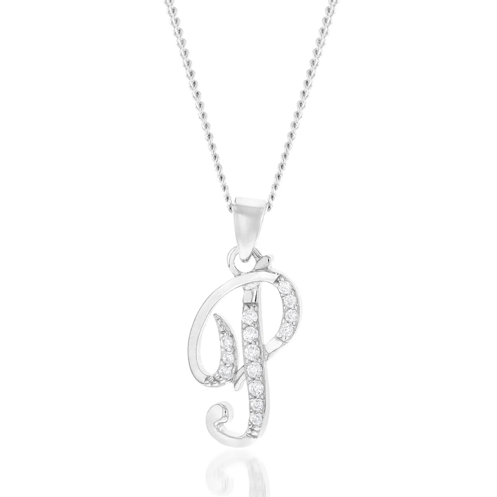 Sterling Silver Rhodium Plated Cubic Zirconia Script "P " Initial Pendant