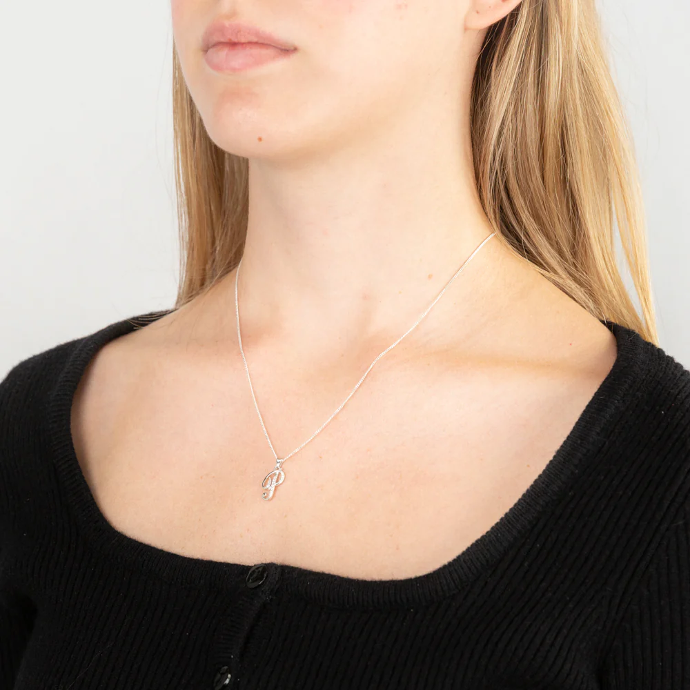 Sterling Silver Rhodium Plated Cubic Zirconia Script "P " Initial Pendant - Image 2