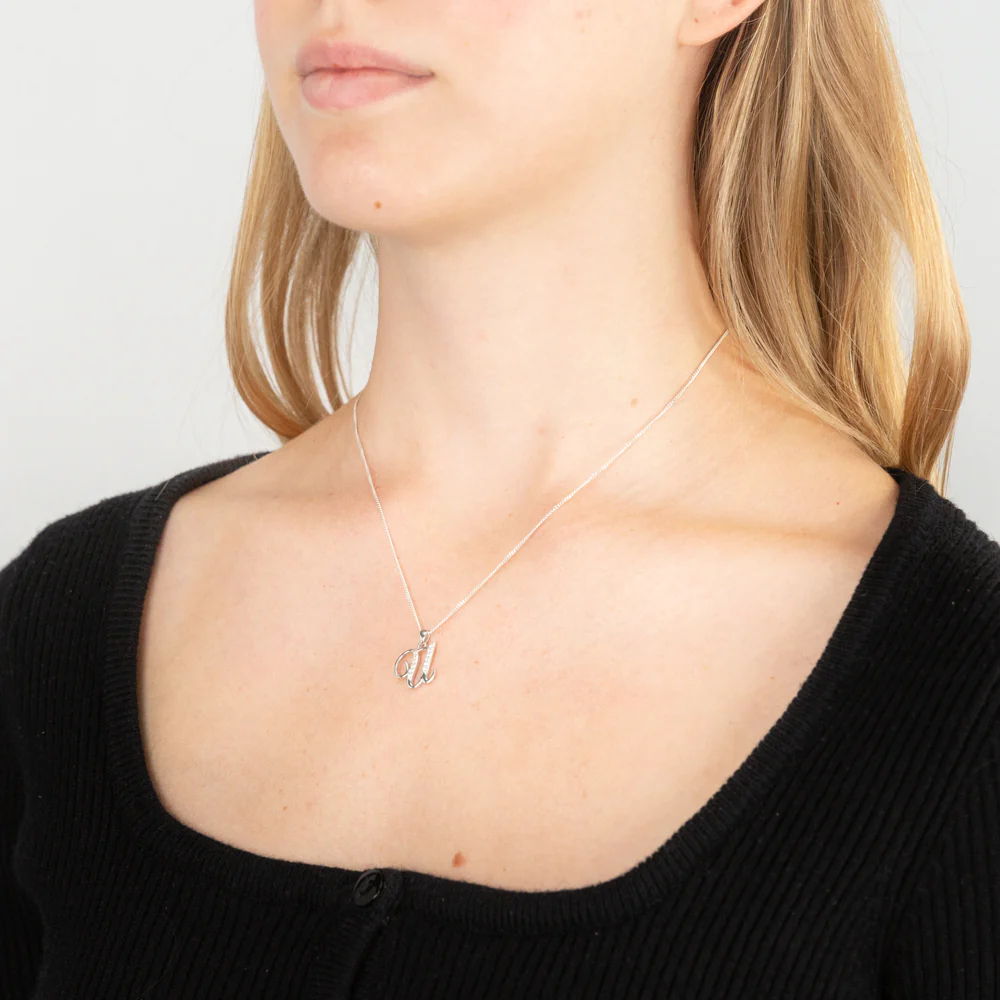 Sterling Silver Rhodium Plated Cubic Zirconia Script "U " Initial Pendant - Image 2