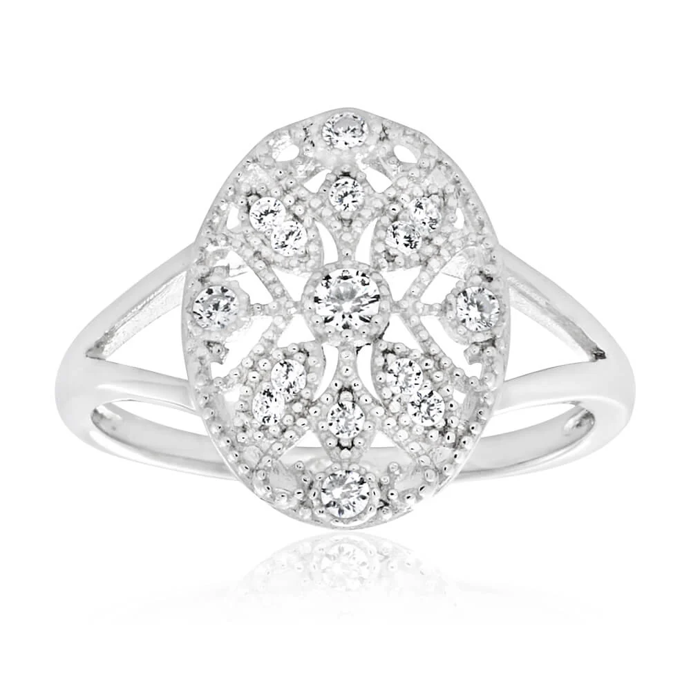 Sterling Silver Rhodium Plated Cubic Zirconia Style Vintage Ring