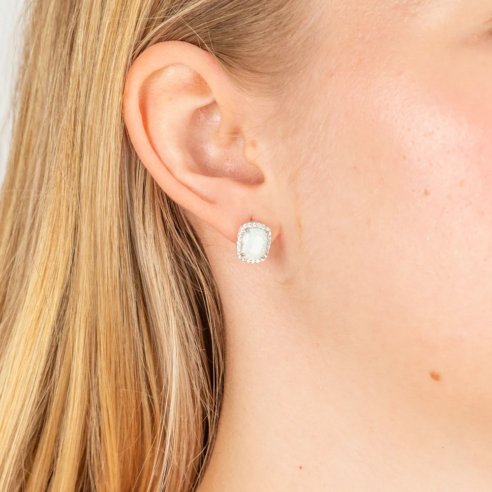 Sterling Silver Rhodium Plated Cubic Zirconia Synthetic Opal Halo Stud Earrings - Image 2