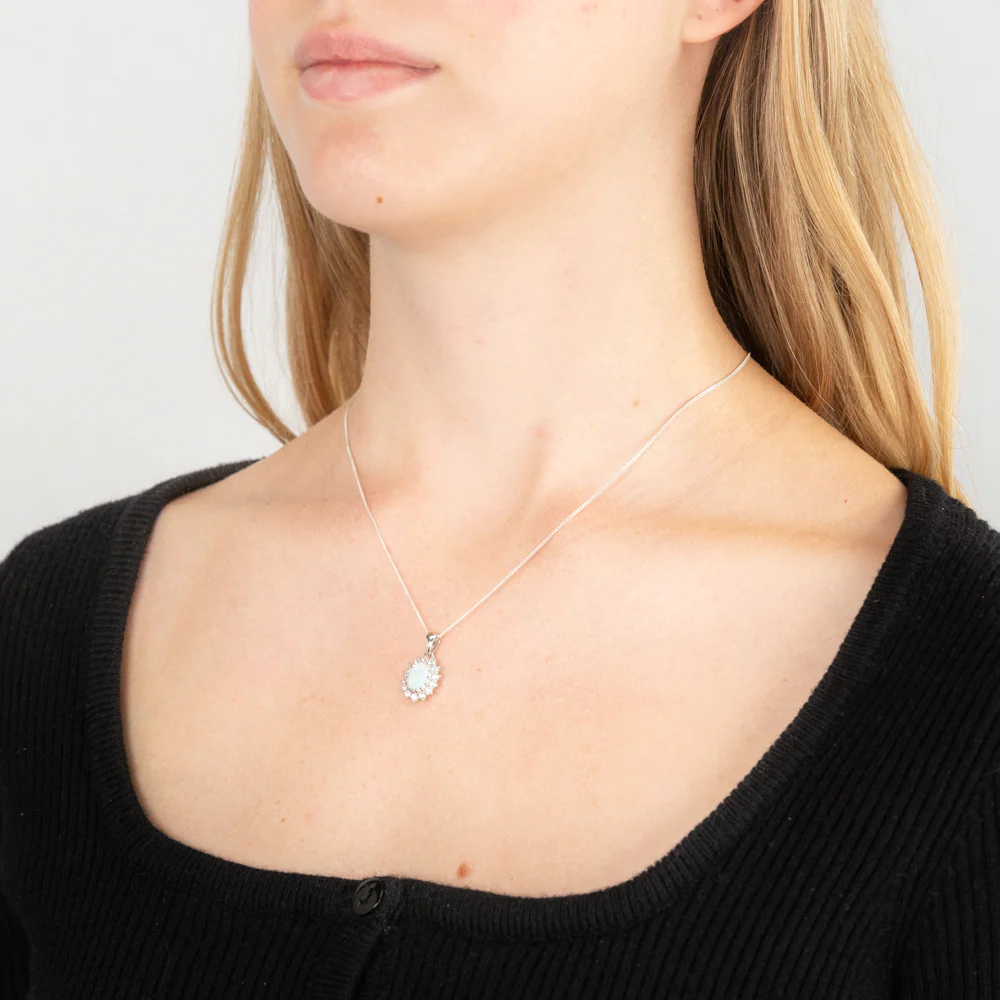 Sterling Silver Rhodium Plated Cubic Zirconia Synthetic Opal Round Pendant - Image 2