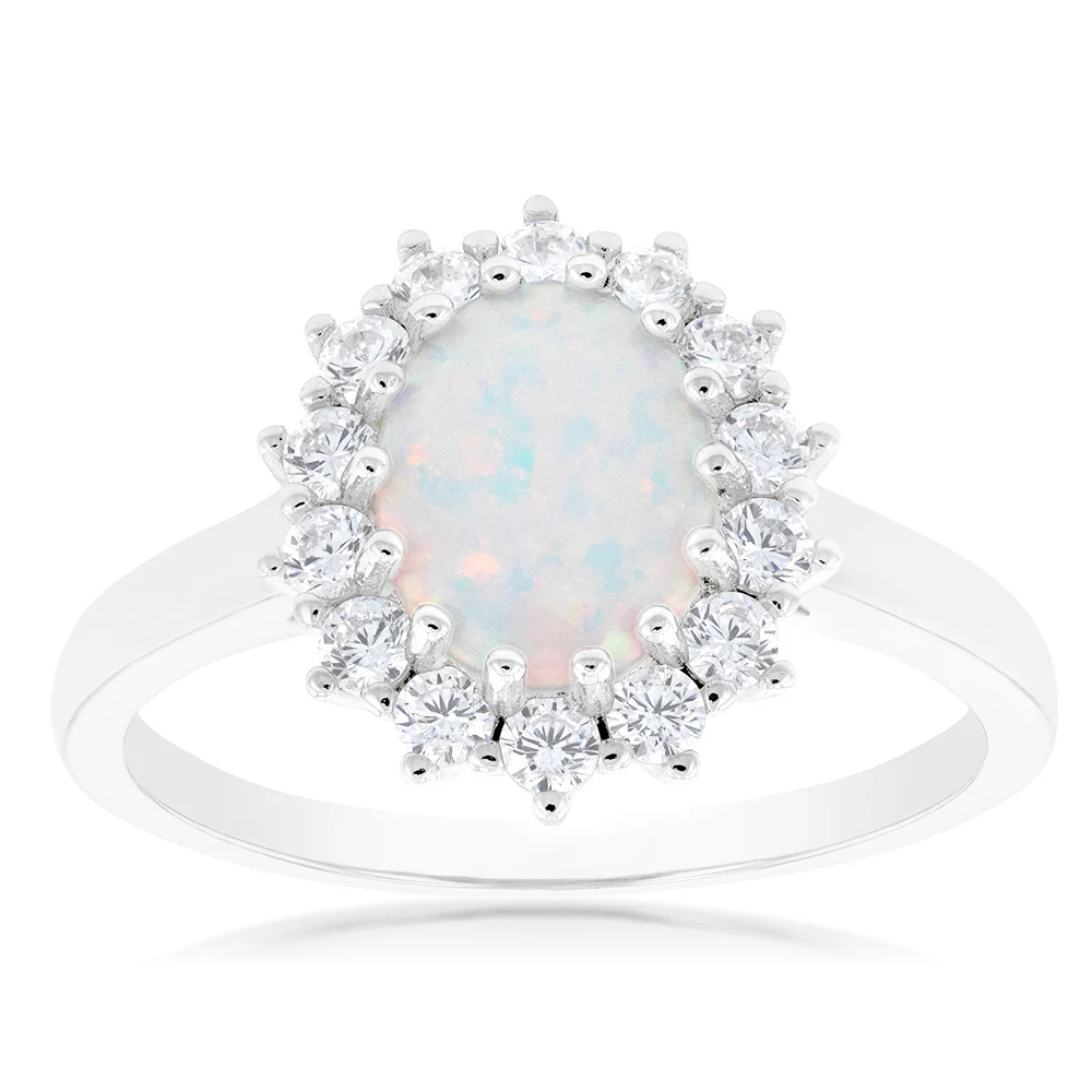 Sterling Silver Rhodium Plated Cubic Zirconia Synthetic Opal Round Ring