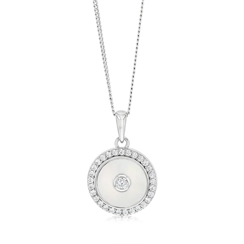 Sterling Silver Rhodium Plated Cubic Zirconia White Shell Pearl Round Pendant