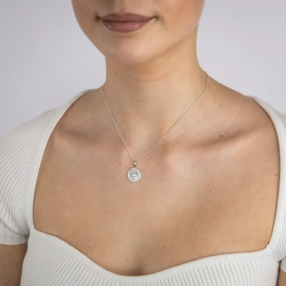 Sterling Silver Rhodium Plated Cubic Zirconia White Shell Pearl Round Pendant - Image 2