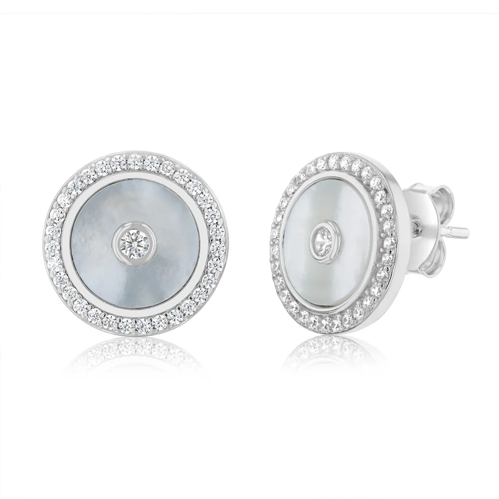 Sterling Silver Rhodium Plated Cubic Zirconia White Shell Pearl Round Stud Earrings
