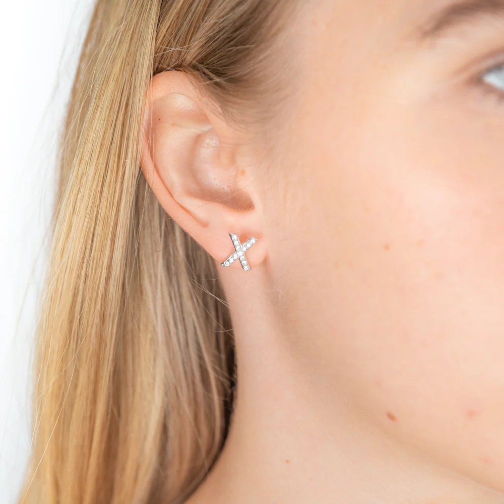 Sterling Silver Rhodium Plated Cubic Zirconia XO Stud Earrings - Image 3