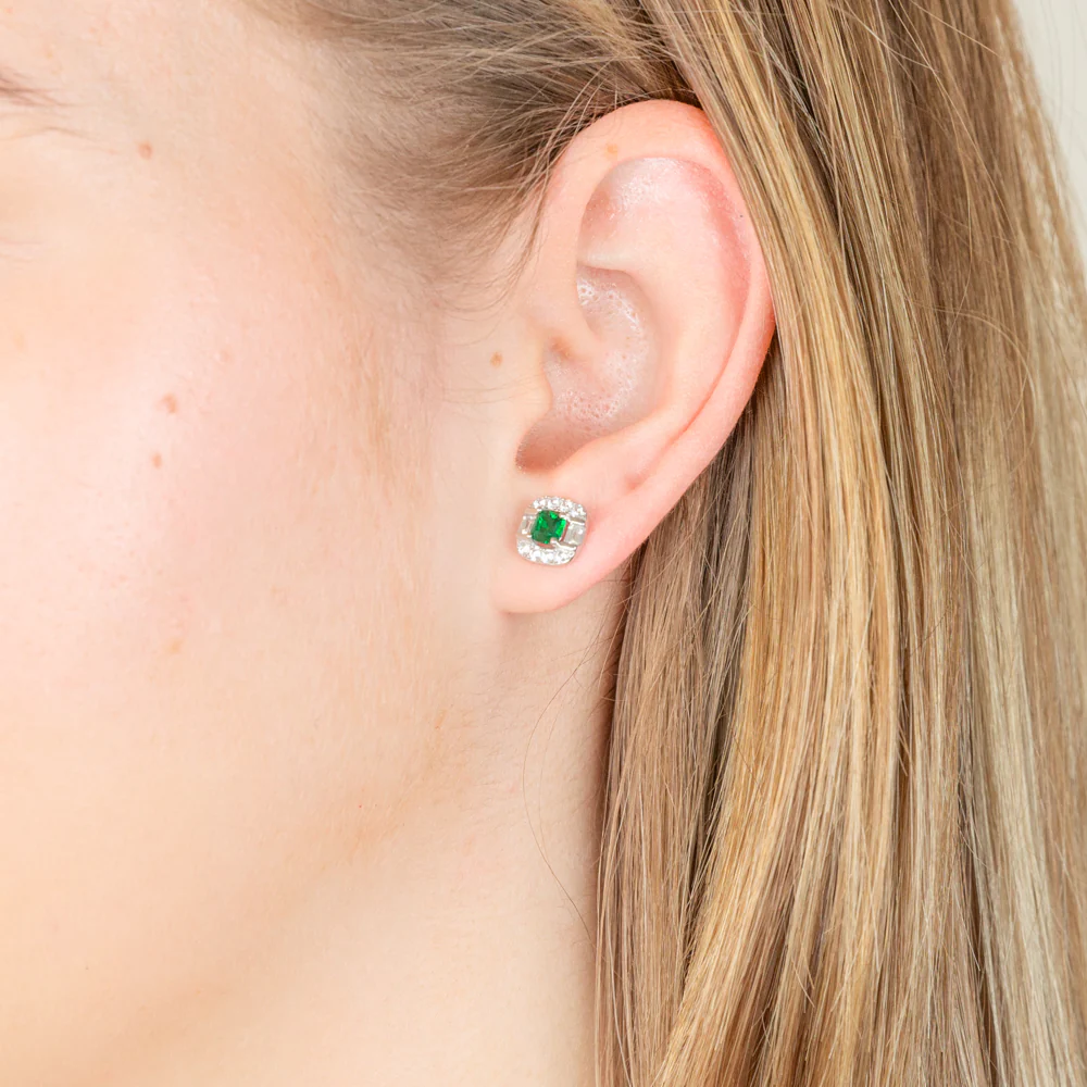 Sterling Silver Rhodium Plated Emerald And White Cubic Zirconia Stud Earrings - Image 2