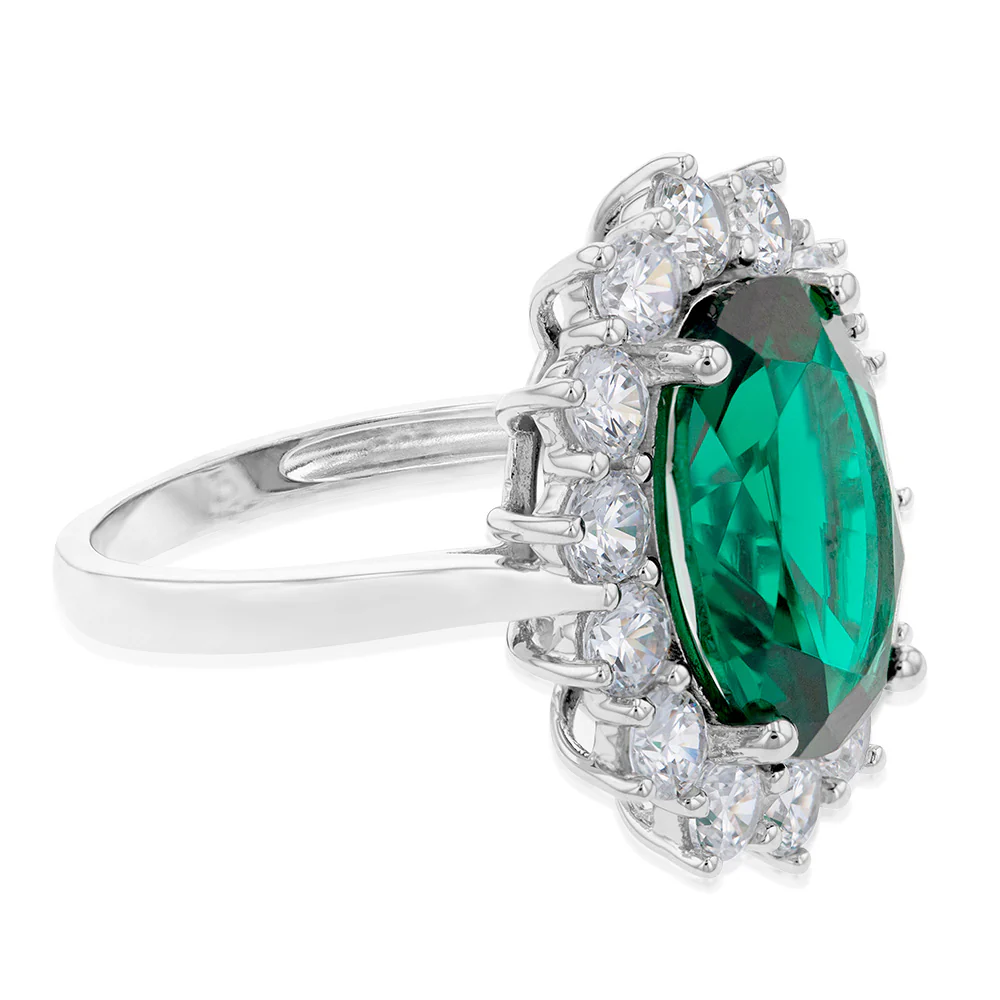 Sterling Silver Rhodium Plated  Emerald-Green Cubic Zirconia Oval Ring - Image 2