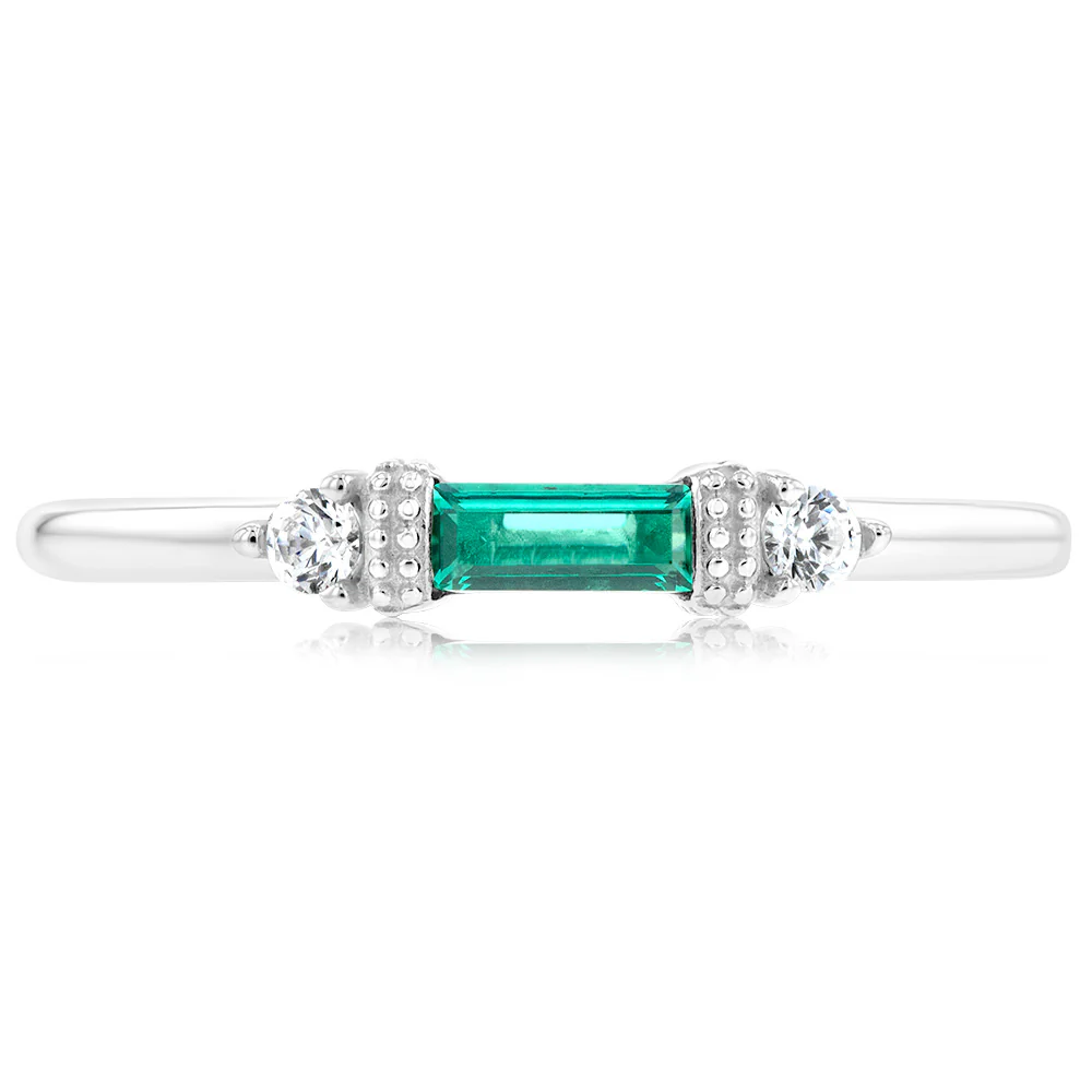 Sterling Silver Rhodium Plated Emerald Stone White Cubic Zirconia Ring - Image 2