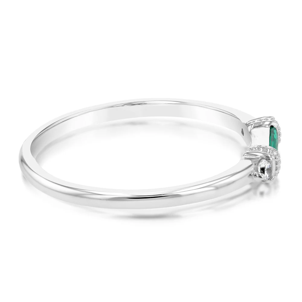Sterling Silver Rhodium Plated Emerald Stone White Cubic Zirconia Ring - Image 3